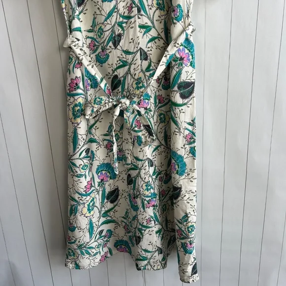 LOFT size L puff sleeve midi dress linen blend beige floral belted split neck - Picture 5 of 16